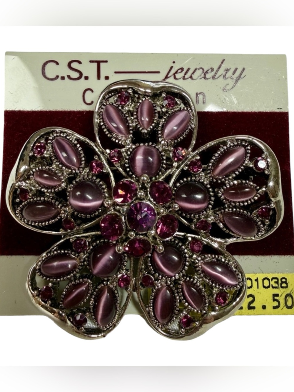 CST Jewelry Purple Cats Eye Rhinestone Flower Brooch Vintage Statement Pin